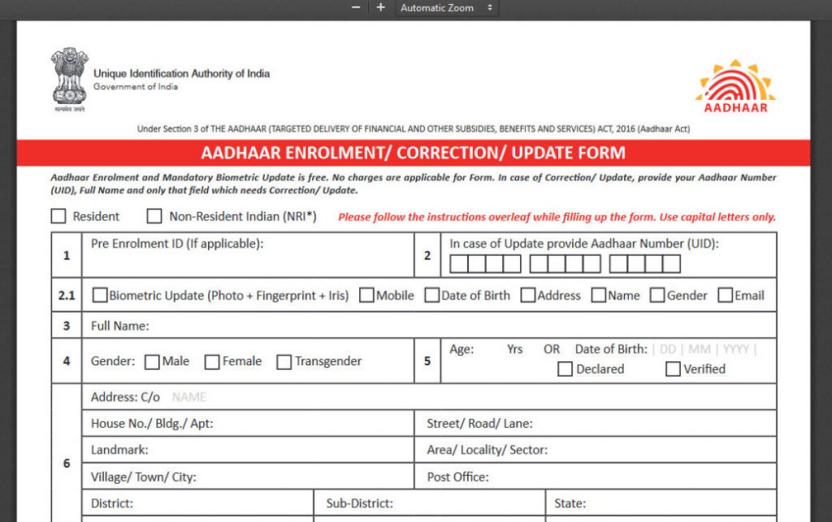 Aadhar Card Correction Form Online Update Onlineoffline Biometric Step 8645