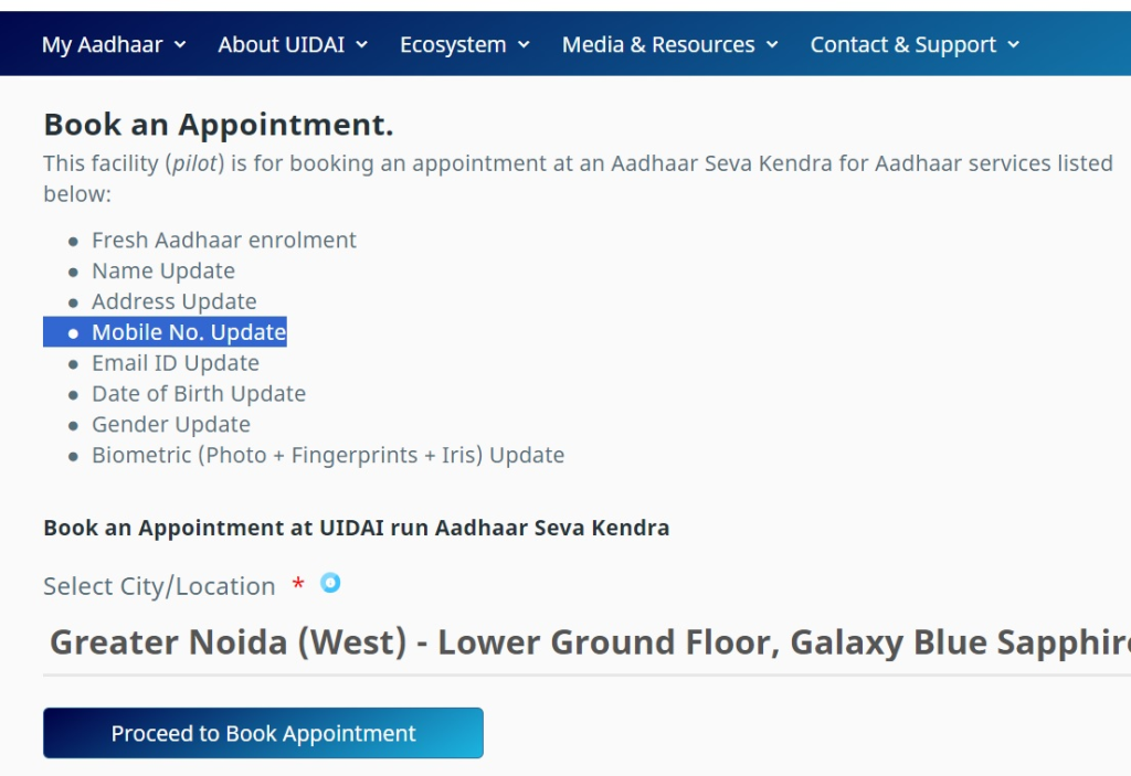 Update Mobile Number On Aadhar Card